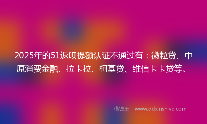 2025年的51返呗提额认证不通过有：微粒贷、中原消费金融、拉卡拉、柯基贷、维信卡卡贷等。