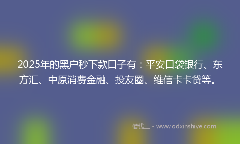 2025年的黑户秒下款口子有：平安口袋银行、东方汇、中原消费金融、投友圈、维信卡卡贷等。
