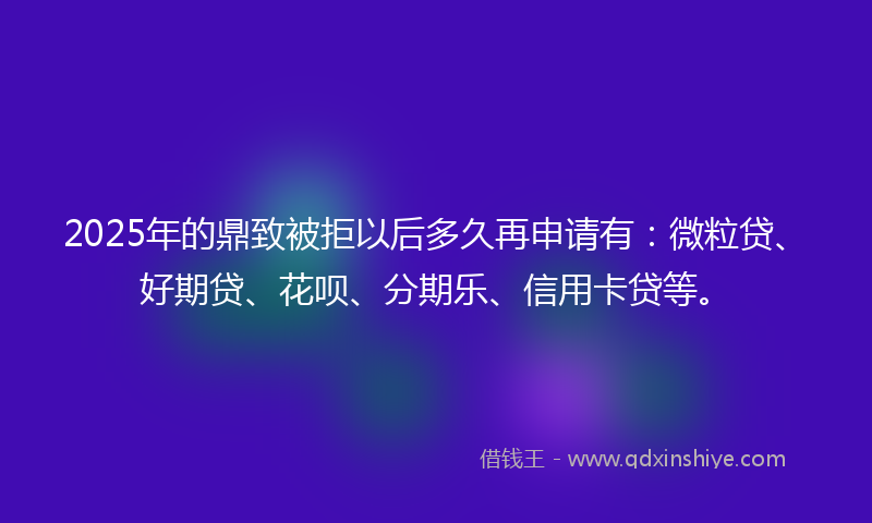 2025年的鼎致被拒以后多久再申请有：微粒贷、好期贷、花呗、分期乐、信用卡贷等。