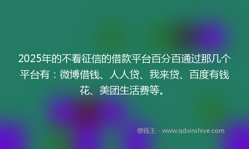 2025年的不看征信的借款平台百分百通过那几个平台有：微博借钱、人人贷、我来贷、百度有钱花、美团生活费等。