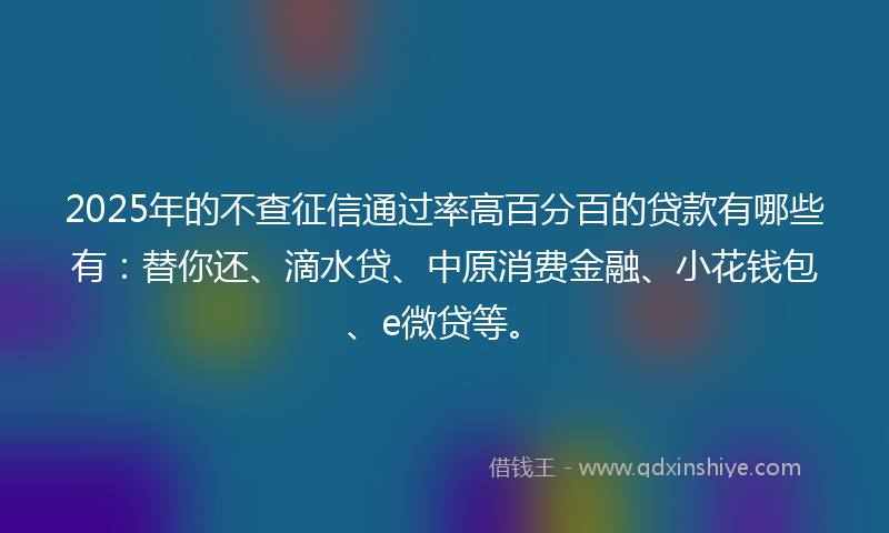 2025年的不查征信通过率高百分百的贷款有哪些有：替你还、滴水贷、中原消费金融、小花钱包、e微贷等。