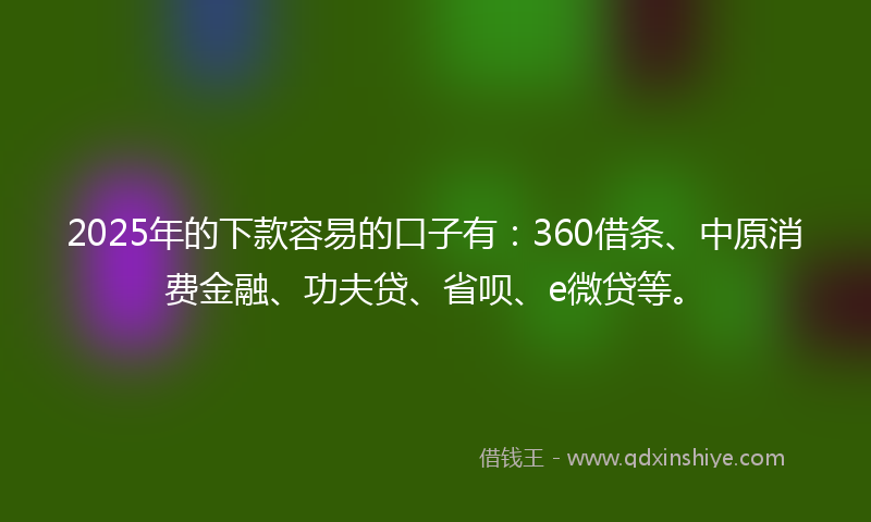 2025年的下款容易的口子有：360借条、中原消费金融、功夫贷、省呗、e微贷等。
