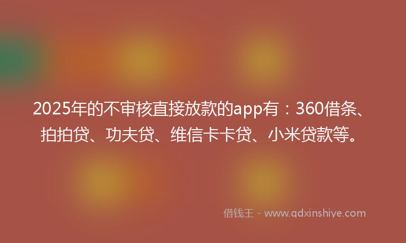 2025年的不审核直接放款的app有：360借条、拍拍贷、功夫贷、维信卡卡贷、小米贷款等。