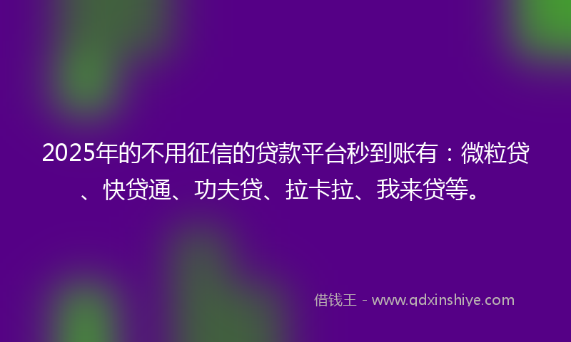 2025年的不用征信的贷款平台秒到账有：微粒贷、快贷通、功夫贷、拉卡拉、我来贷等。