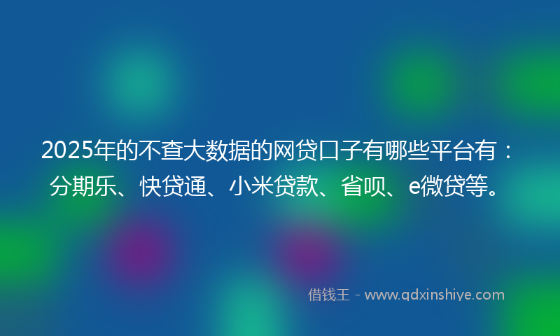 2025年的不查大数据的网贷口子有哪些平台有：分期乐、快贷通、小米贷款、省呗、e微贷等。