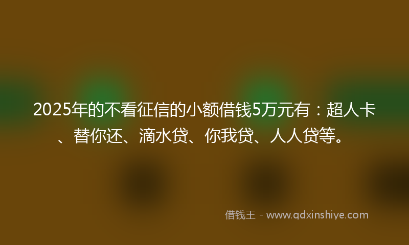 2025年的不看征信的小额借钱5万元有：超人卡、替你还、滴水贷、你我贷、人人贷等。