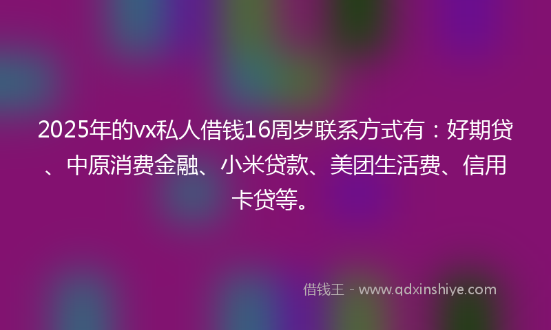 2025年的vx私人借钱16周岁联系方式有：好期贷、中原消费金融、小米贷款、美团生活费、信用卡贷等。
