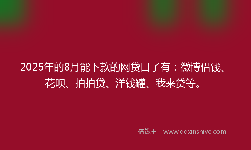 2025年的8月能下款的网贷口子有：微博借钱、花呗、拍拍贷、洋钱罐、我来贷等。