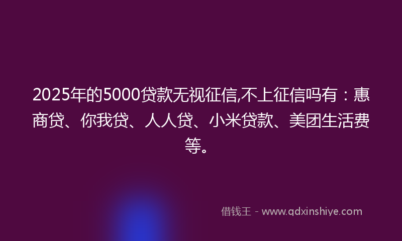 2025年的5000贷款无视征信,不上征信吗有：惠商贷、你我贷、人人贷、小米贷款、美团生活费等。
