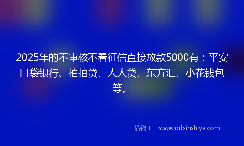 2025年的不审核不看征信直接放款5000有：平安口袋银行、拍拍贷、人人贷、东方汇、小花钱包等。