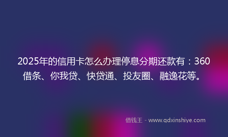 2025年的信用卡怎么办理停息分期还款有：360借条、你我贷、快贷通、投友圈、融逸花等。