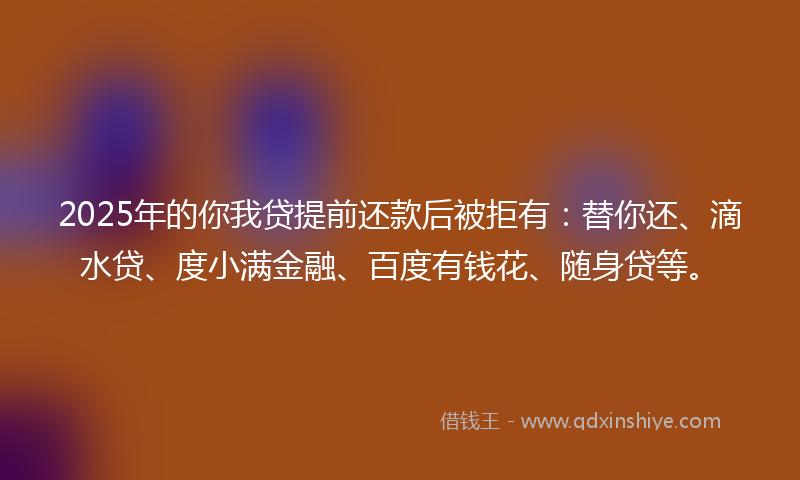 2025年的你我贷提前还款后被拒有：替你还、滴水贷、度小满金融、百度有钱花、随身贷等。