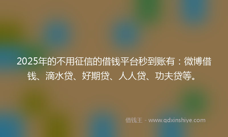 2025年的不用征信的借钱平台秒到账有：微博借钱、滴水贷、好期贷、人人贷、功夫贷等。