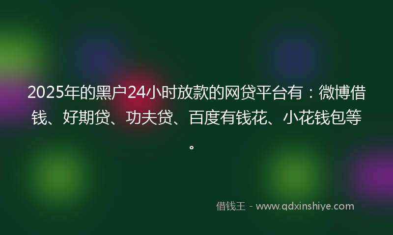 2025年的黑户24小时放款的网贷平台有：微博借钱、好期贷、功夫贷、百度有钱花、小花钱包等。