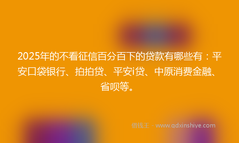 2025年的不看征信百分百下的贷款有哪些有：平安口袋银行、拍拍贷、平安i贷、中原消费金融、省呗等。