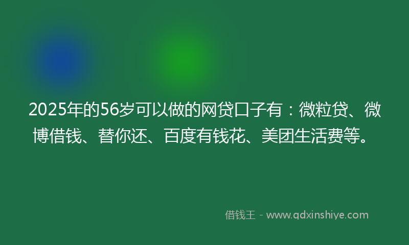2025年的56岁可以做的网贷口子有：微粒贷、微博借钱、替你还、百度有钱花、美团生活费等。