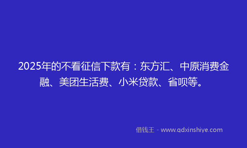 2025年的不看征信下款有：东方汇、中原消费金融、美团生活费、小米贷款、省呗等。