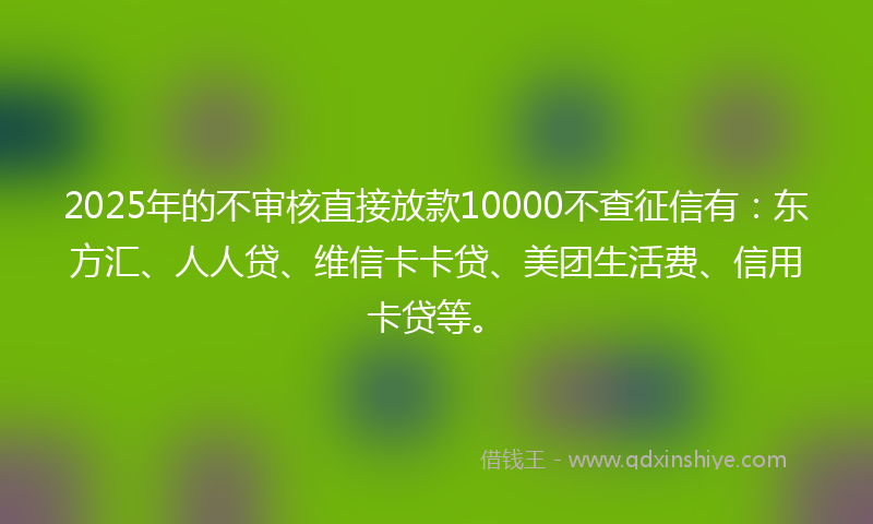 2025年的不审核直接放款10000不查征信有：东方汇、人人贷、维信卡卡贷、美团生活费、信用卡贷等。