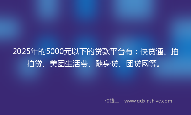 2025年的5000元以下的贷款平台有：快贷通、拍拍贷、美团生活费、随身贷、团贷网等。