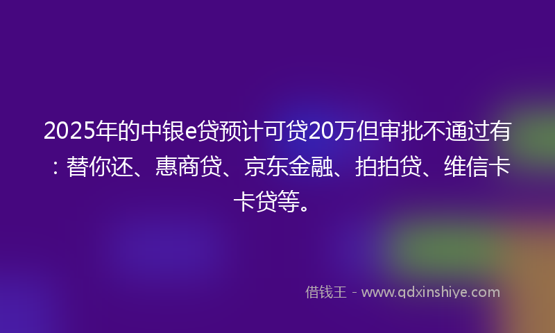 2025年的中银e贷预计可贷20万但审批不通过有：替你还、惠商贷、京东金融、拍拍贷、维信卡卡贷等。