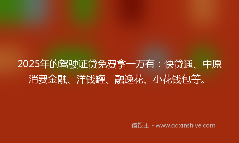 2025年的驾驶证贷免费拿一万有：快贷通、中原消费金融、洋钱罐、融逸花、小花钱包等。