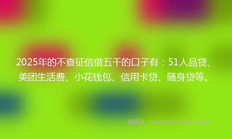 2025年的不查征信借五千的口子有：51人品贷、美团生活费、小花钱包、信用卡贷、随身贷等。