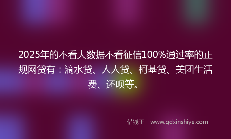 2025年的不看大数据不看征信100%通过率的正规网贷有：滴水贷、人人贷、柯基贷、美团生活费、还呗等。