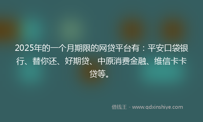 2025年的一个月期限的网贷平台有：平安口袋银行、替你还、好期贷、中原消费金融、维信卡卡贷等。