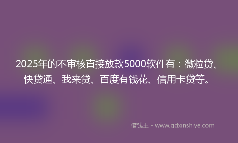 2025年的不审核直接放款5000软件有：微粒贷、快贷通、我来贷、百度有钱花、信用卡贷等。