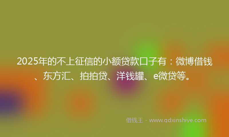 2025年的不上征信的小额贷款口子有：微博借钱、东方汇、拍拍贷、洋钱罐、e微贷等。