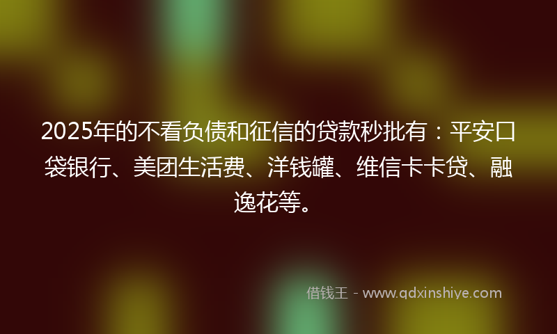 2025年的不看负债和征信的贷款秒批有：平安口袋银行、美团生活费、洋钱罐、维信卡卡贷、融逸花等。