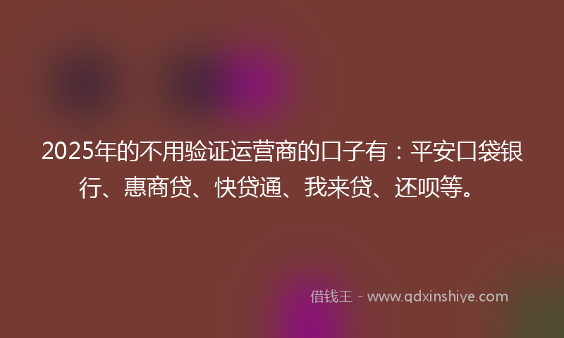 2025年的不用验证运营商的口子有：平安口袋银行、惠商贷、快贷通、我来贷、还呗等。