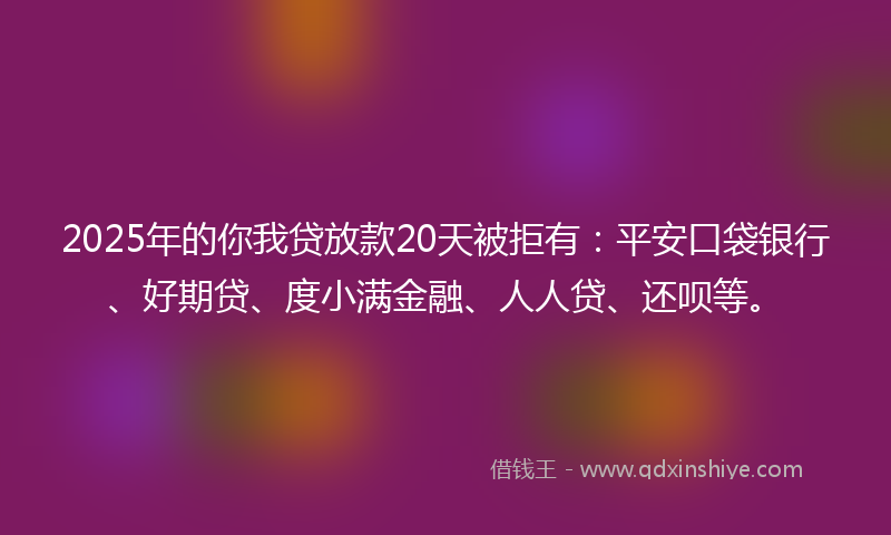 2025年的你我贷放款20天被拒有：平安口袋银行、好期贷、度小满金融、人人贷、还呗等。