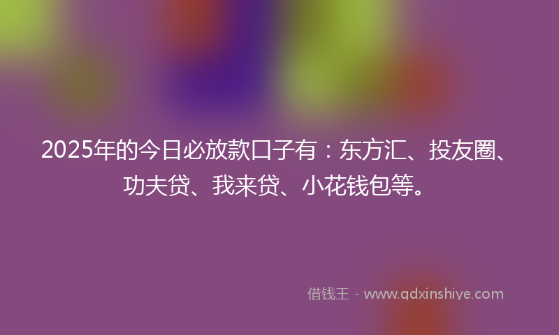 2025年的今日必放款口子有：东方汇、投友圈、功夫贷、我来贷、小花钱包等。