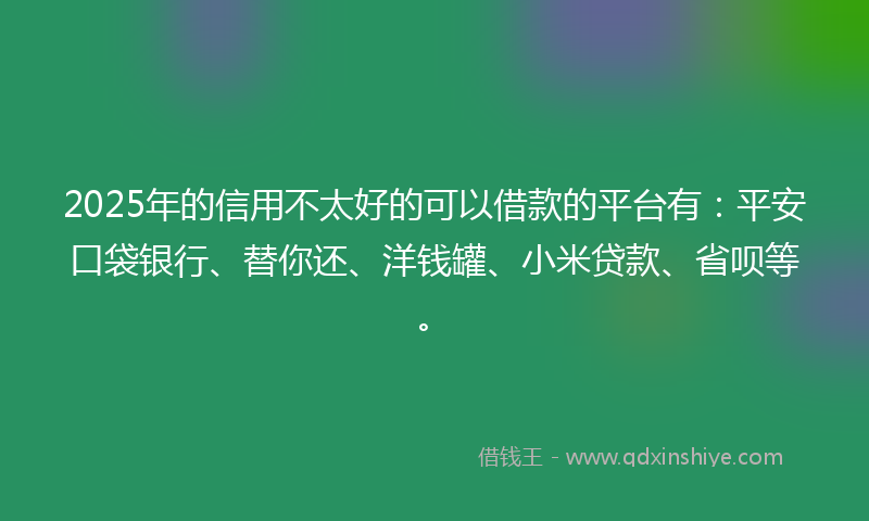 2025年的信用不太好的可以借款的平台有：平安口袋银行、替你还、洋钱罐、小米贷款、省呗等。