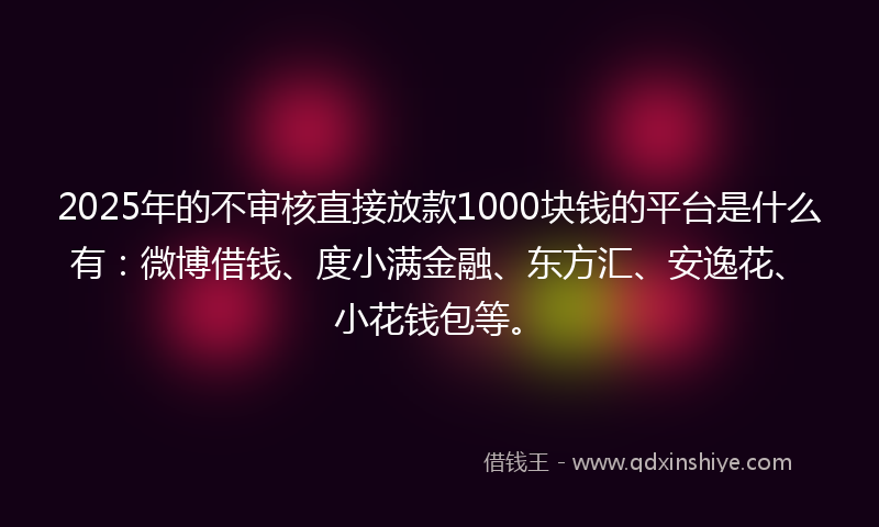 2025年的不审核直接放款1000块钱的平台是什么有：微博借钱、度小满金融、东方汇、安逸花、小花钱包等。