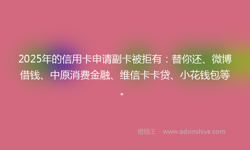 2025年的信用卡申请副卡被拒有：替你还、微博借钱、中原消费金融、维信卡卡贷、小花钱包等。
