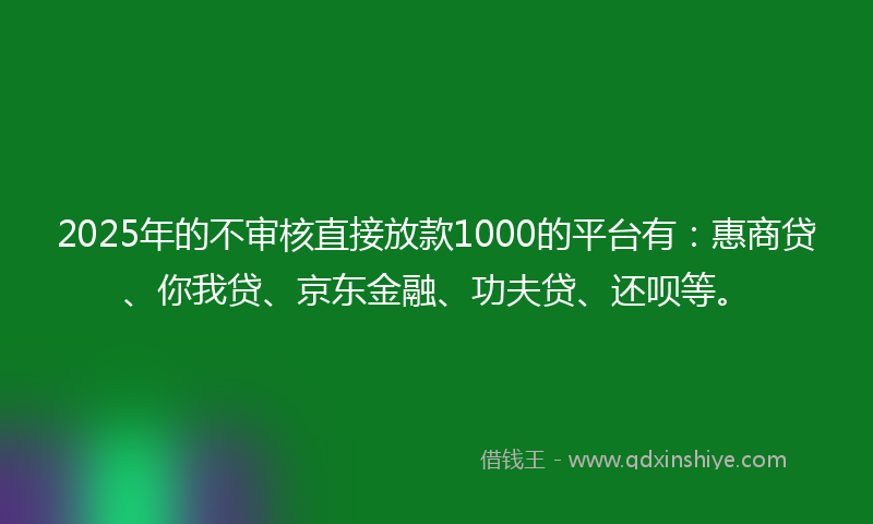 2025年的不审核直接放款1000的平台有：惠商贷、你我贷、京东金融、功夫贷、还呗等。