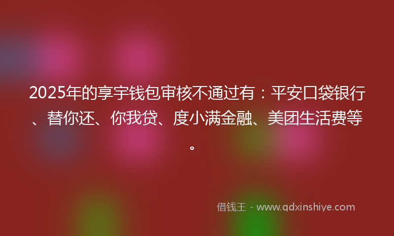 2025年的享宇钱包审核不通过有：平安口袋银行、替你还、你我贷、度小满金融、美团生活费等。