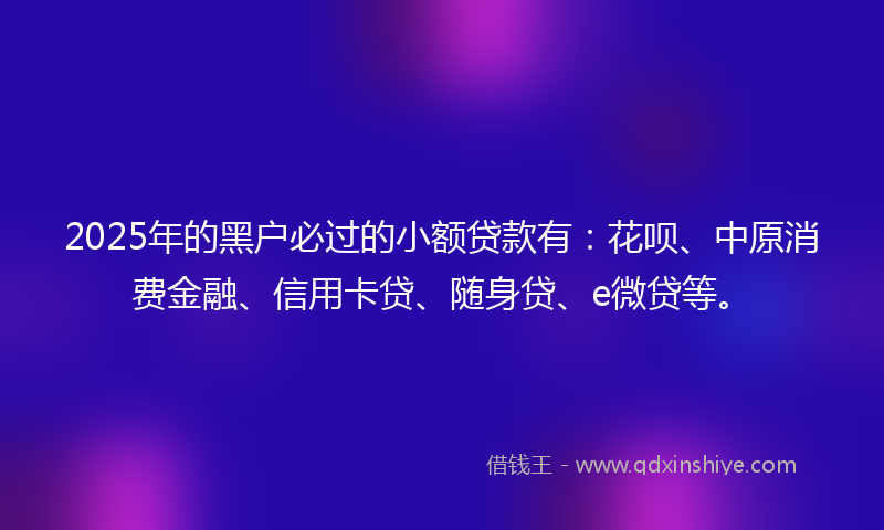 2025年的黑户必过的小额贷款有：花呗、中原消费金融、信用卡贷、随身贷、e微贷等。