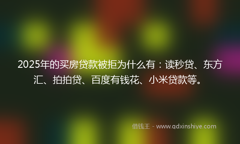 2025年的买房贷款被拒为什么有：读秒贷、东方汇、拍拍贷、百度有钱花、小米贷款等。