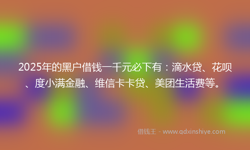 2025年的黑户借钱一千元必下有：滴水贷、花呗、度小满金融、维信卡卡贷、美团生活费等。