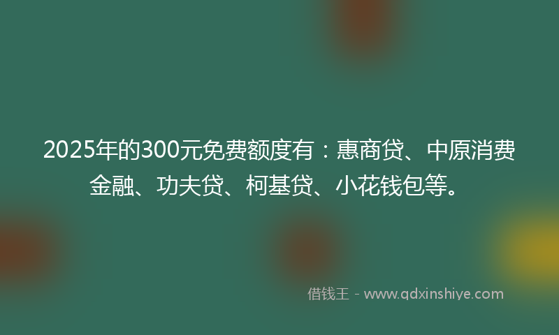 2025年的300元免费额度有：惠商贷、中原消费金融、功夫贷、柯基贷、小花钱包等。
