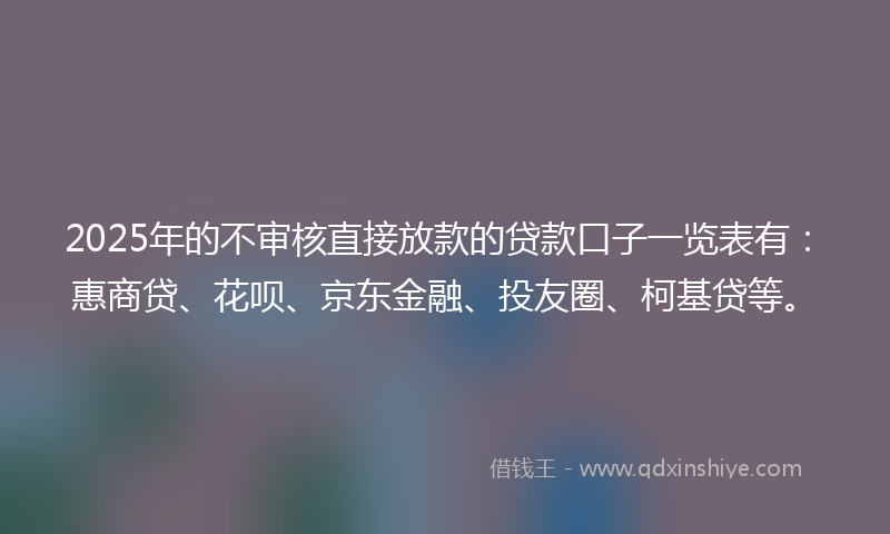 2025年的不审核直接放款的贷款口子一览表有：惠商贷、花呗、京东金融、投友圈、柯基贷等。