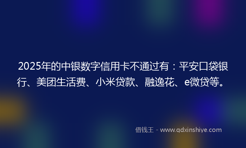 2025年的中银数字信用卡不通过有：平安口袋银行、美团生活费、小米贷款、融逸花、e微贷等。