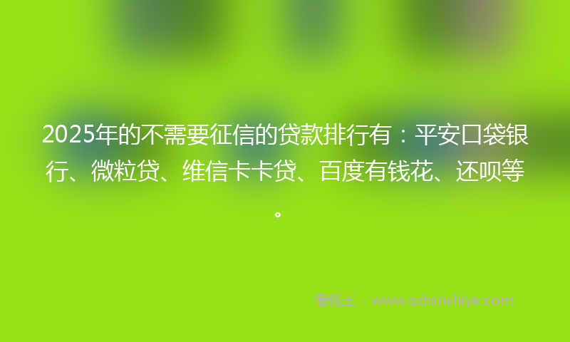 2025年的不需要征信的贷款排行有：平安口袋银行、微粒贷、维信卡卡贷、百度有钱花、还呗等。