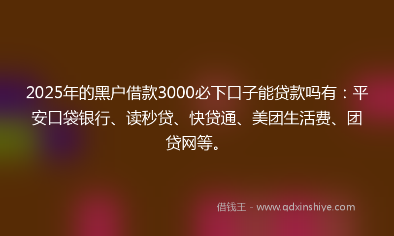 2025年的黑户借款3000必下口子能贷款吗有：平安口袋银行、读秒贷、快贷通、美团生活费、团贷网等。