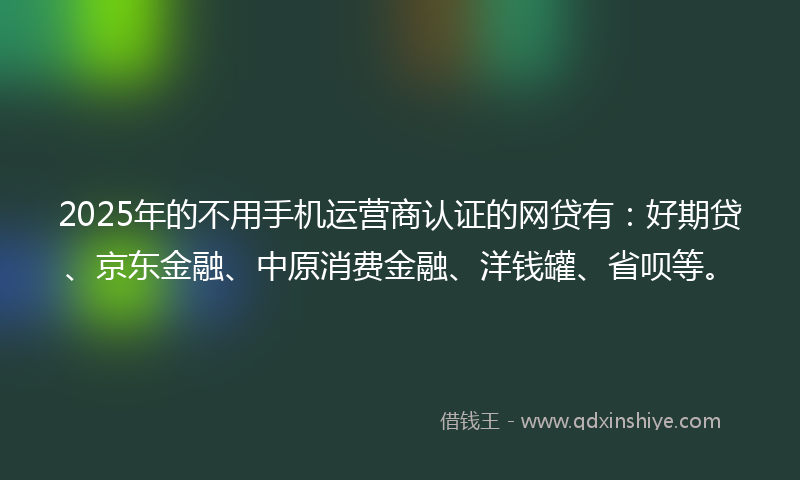 2025年的不用手机运营商认证的网贷有：好期贷、京东金融、中原消费金融、洋钱罐、省呗等。