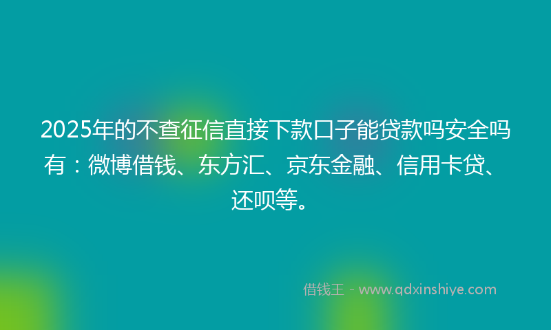 2025年的不查征信直接下款口子能贷款吗安全吗有：微博借钱、东方汇、京东金融、信用卡贷、还呗等。