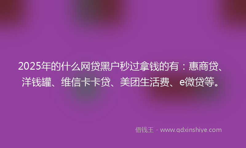 2025年的什么网贷黑户秒过拿钱的有：惠商贷、洋钱罐、维信卡卡贷、美团生活费、e微贷等。